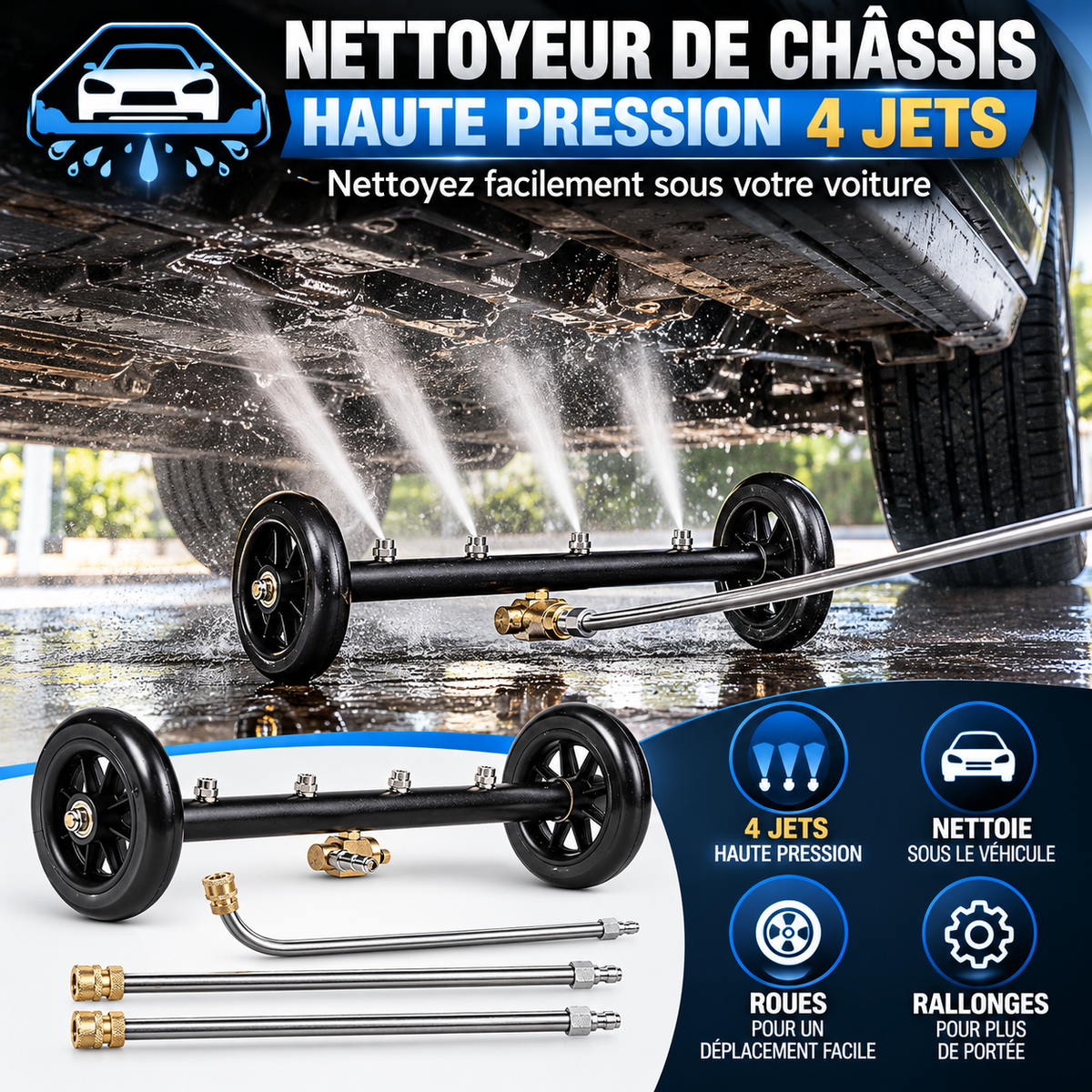 🚗 Nettoyeur de Châssis Haute Pression 4 Jets | Nettoyez les zones difficiles d’accès