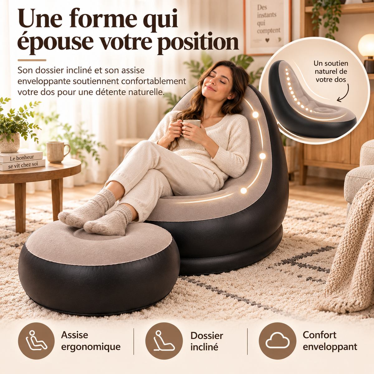 Fauteuil Gonflable avec Repose-Pieds – Chaise Lounge Confortable pour Salon et Détente à Domicile