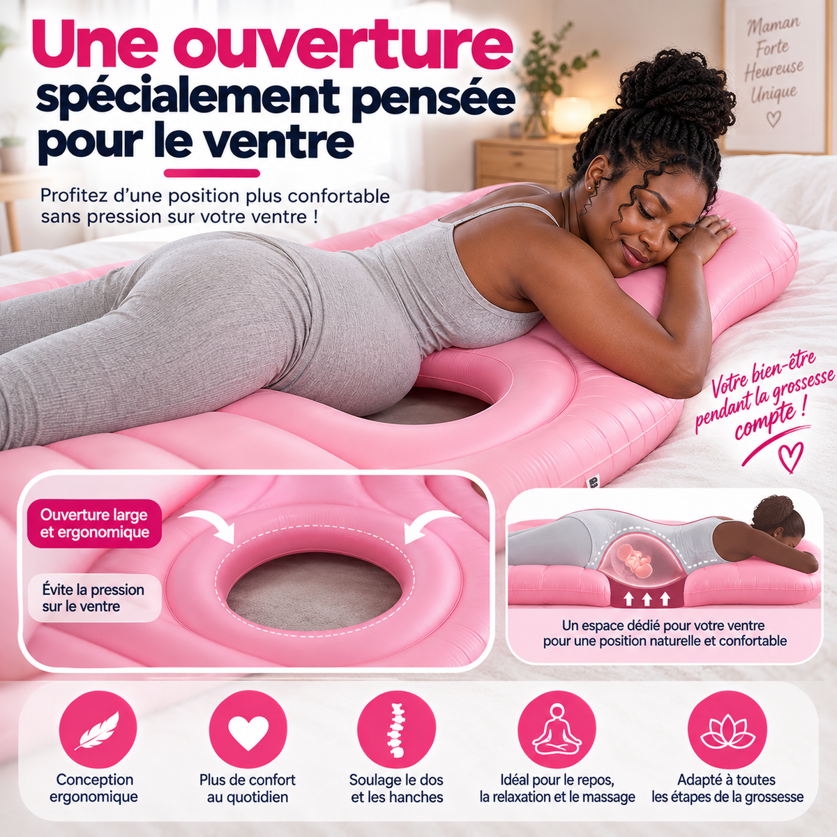 Matelas de Grossesse avec Trou Surface Floquée Coussin Gonflable de Grossesse PVC Épais Coussin Ventre Gonflable pour Femmes Enceintes