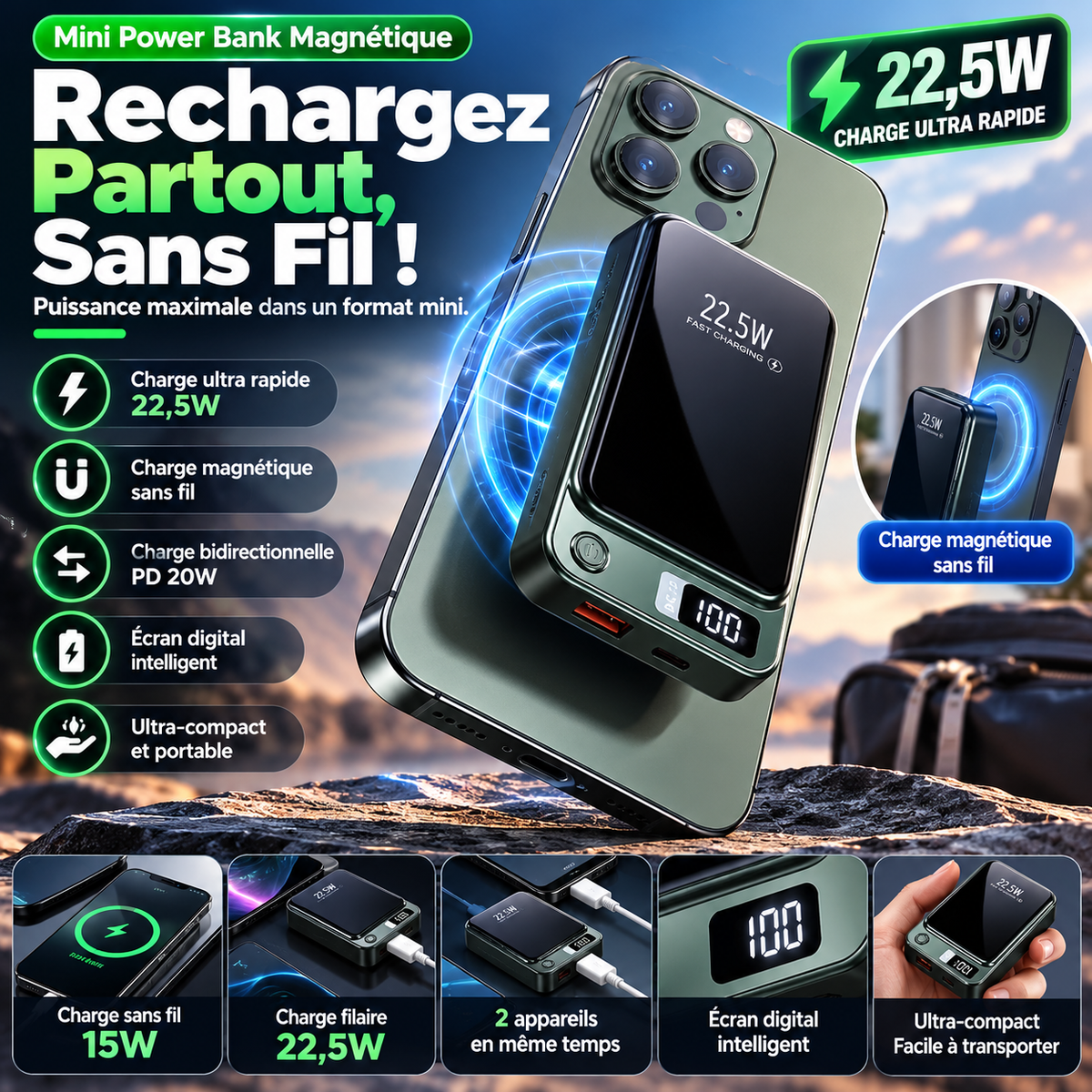 🔋 Mini Power Bank Magnétique 22,5W – Recharge Rapide, Sans Fil & Ultra-Compact
