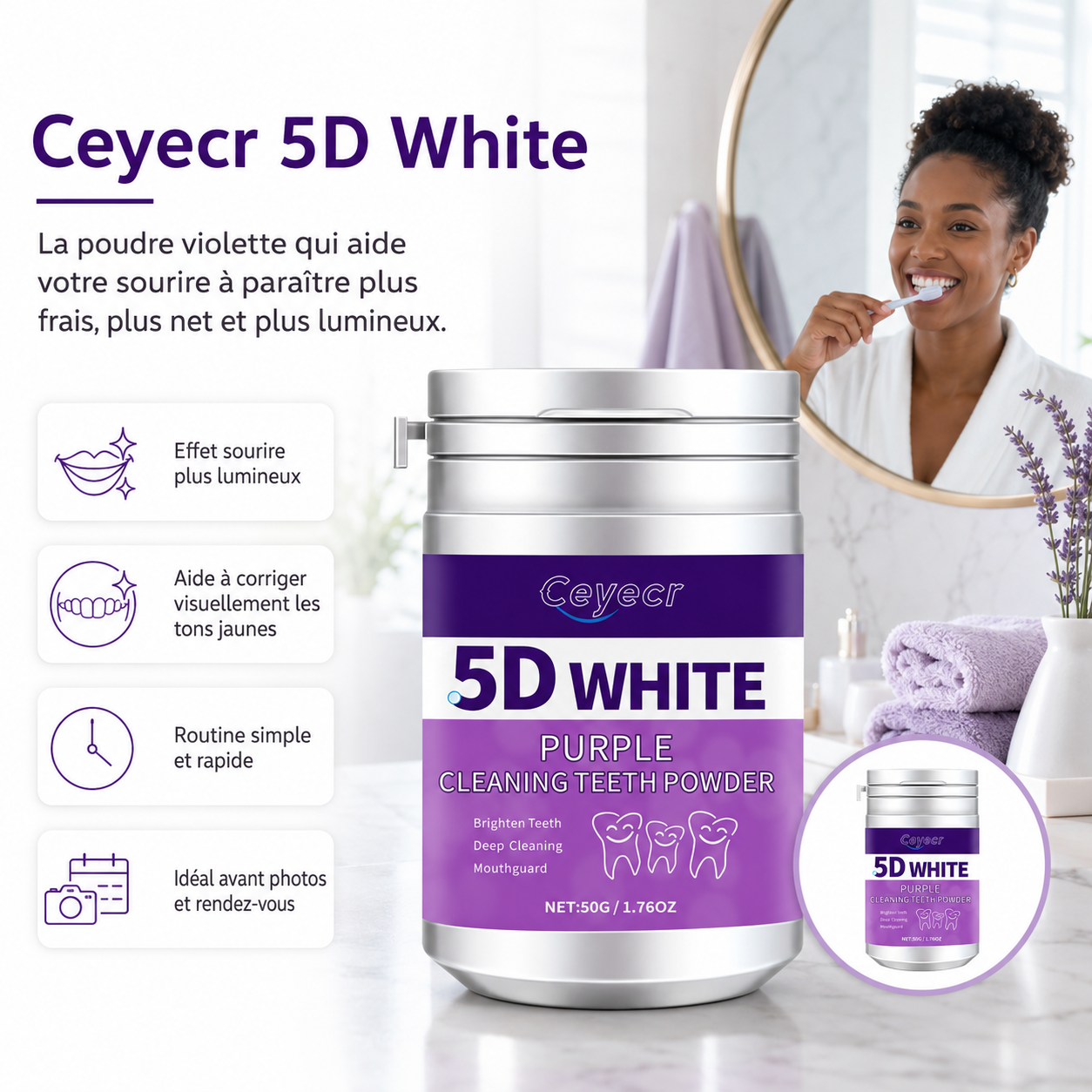 Ceyecr 5D White | Poudre Violette Correctrice Pour Un Sourire Plus Lumineux
