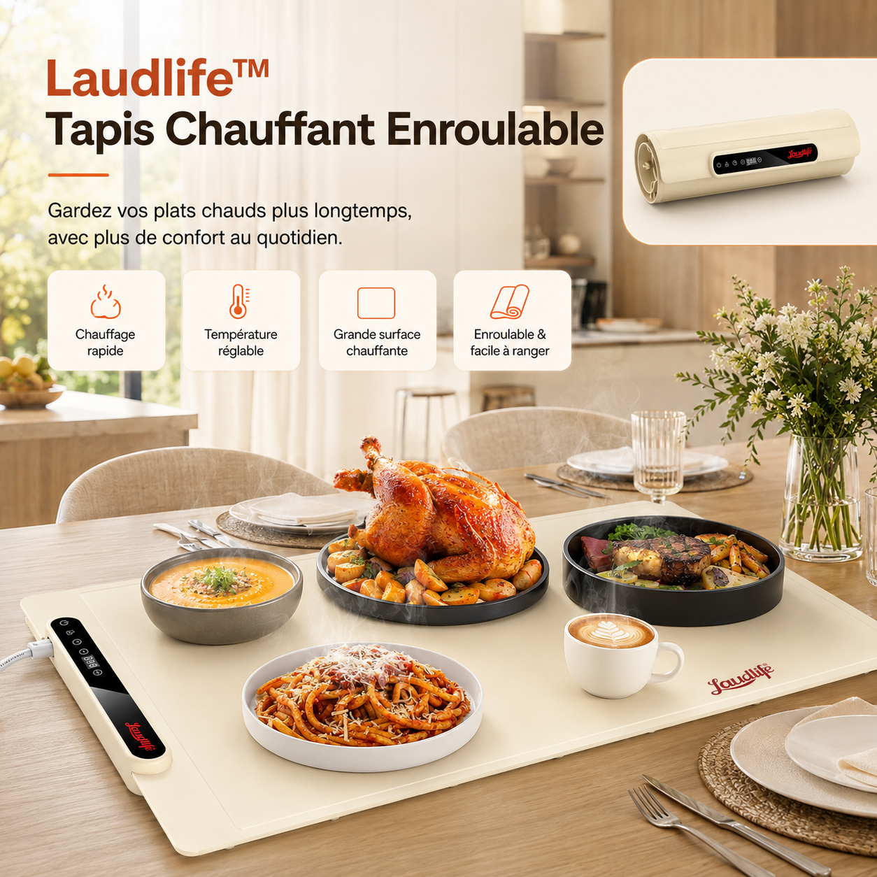 Laudlife™ Tapis Chauffant Enroulable | Gardez Vos Plats Chauds Plus Longtemps
