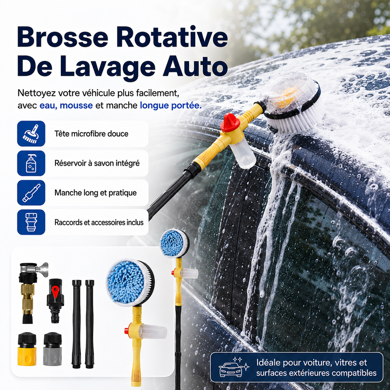 AquaBrush™ Brosse Rotative Pour Lavage Auto | Mousse Intégrée, Sans Électricité