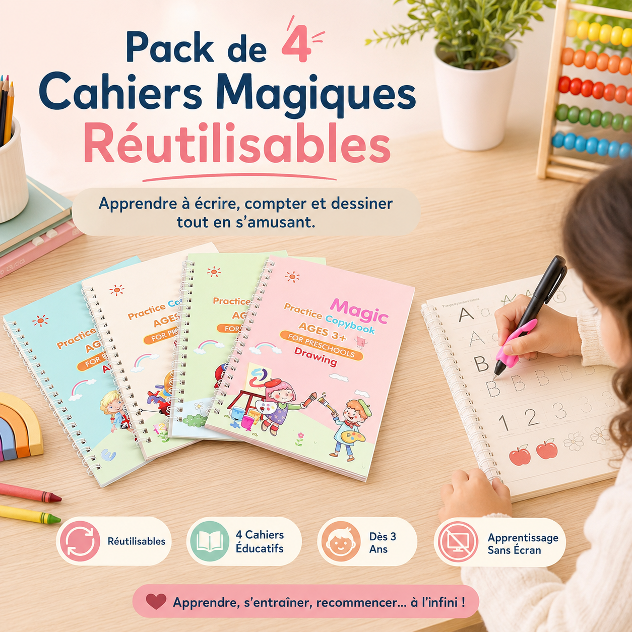 MagicLearn™ Cahiers Magiques Réutilisables Pour Enfants | Écrivez, Effacez, Recommencez à l'Infini