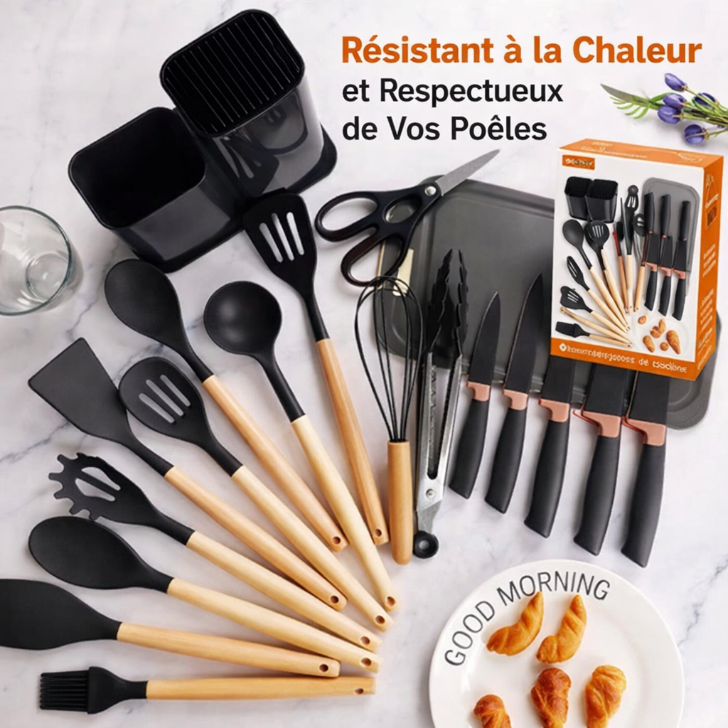 Ensemble Cuisine 19 Pièces – Résistant à la Chaleur et Respectueux de Vos Poêles