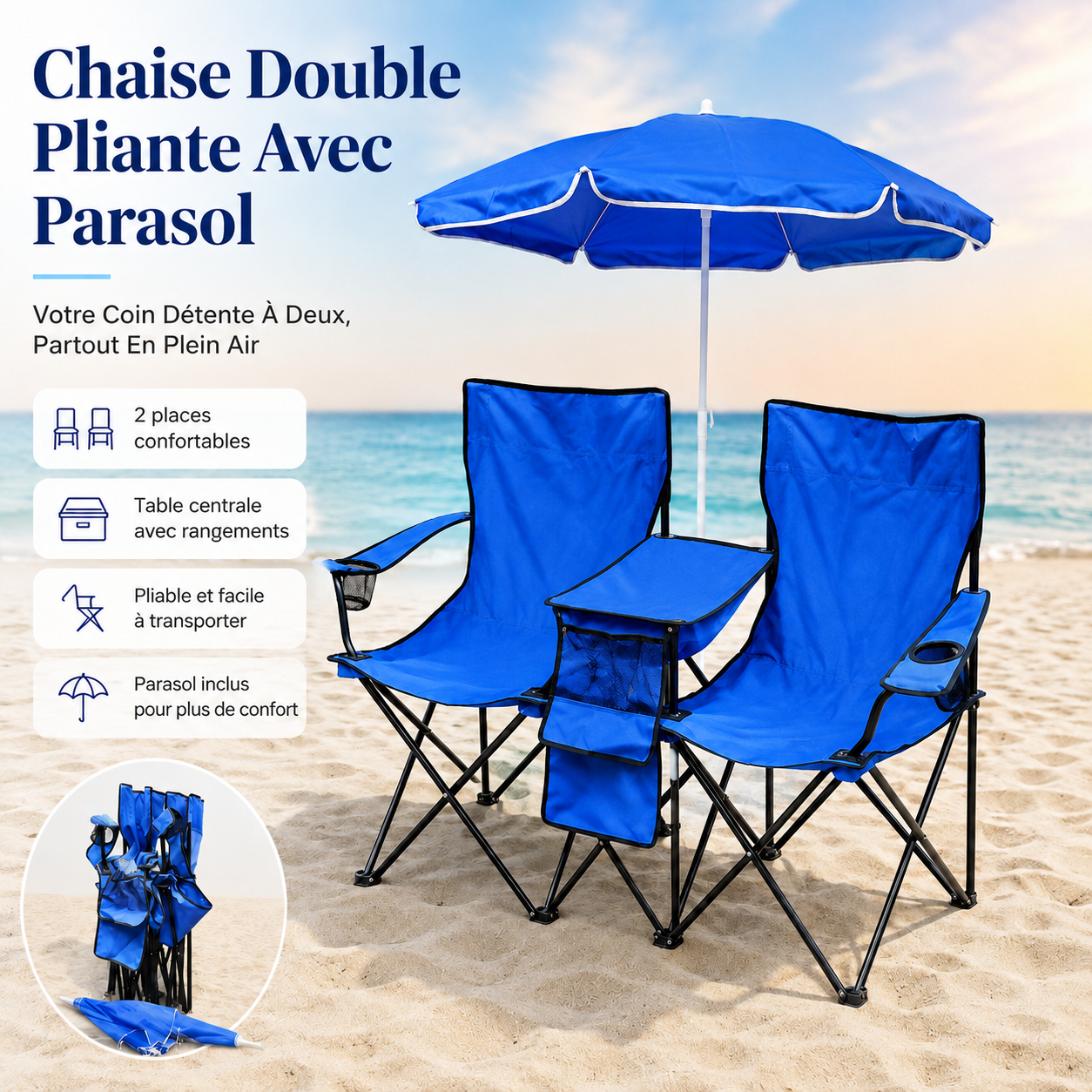 DuoShade™ Chaise Double Pliable Avec Parasol | Votre Petit Salon À Ciel Ouvert