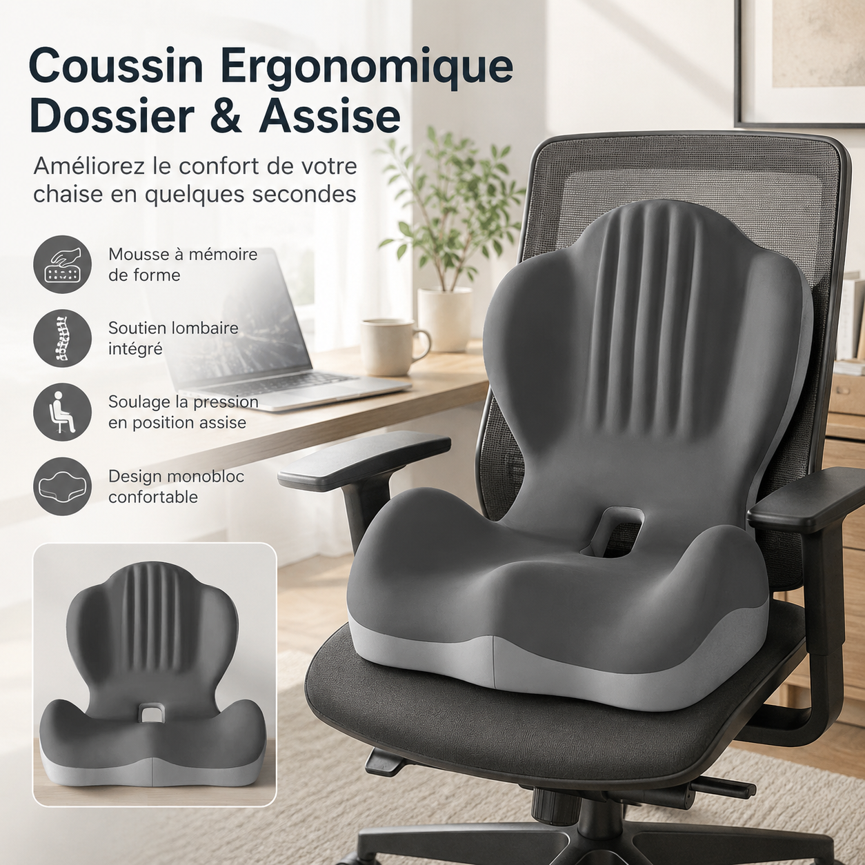 Coussin Dossier & Assise 2-en-1 | Transformez Votre Chaise En Siège Plus Confortable