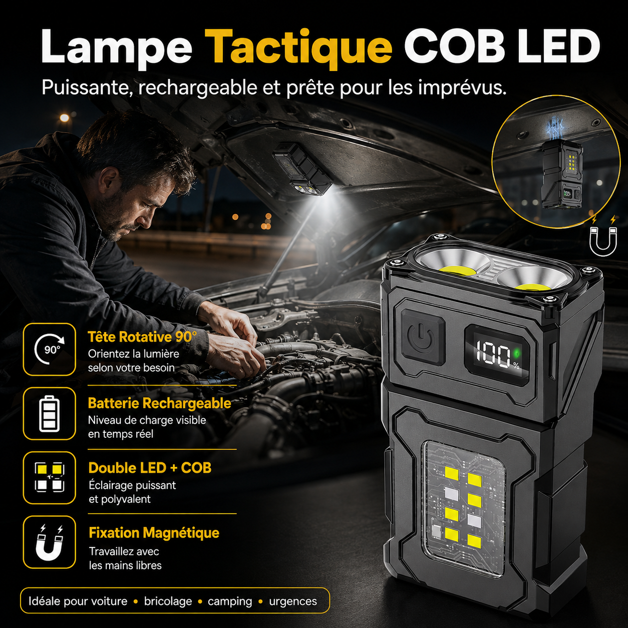 Lampe Tactique COB LED 90° | Éclairez Exactement Là Où Vous En Avez Besoin