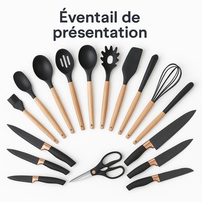Ensemble Cuisine 19 Pièces en Silicone Premium – Manches Bois, Anti-Chaleur & Sans BPA