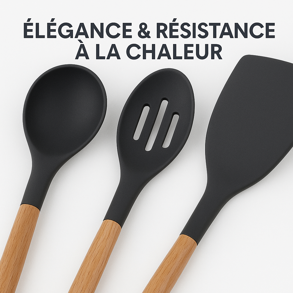 Ensemble Cuisine 19 Pièces en Silicone Premium – Manches Bois, Anti-Chaleur & Sans BPA