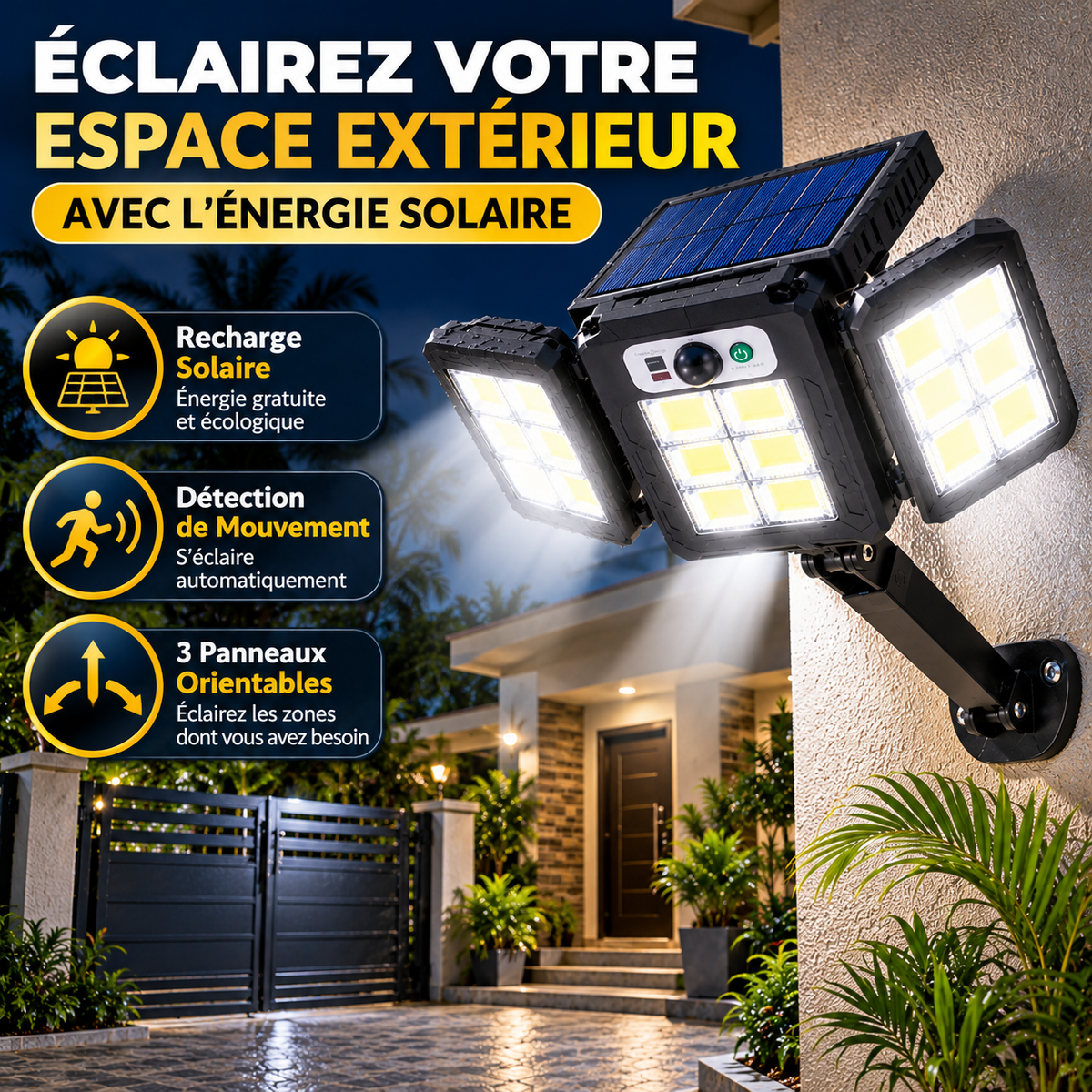 Projecteur Solaire LED Extérieur à 3 Panneaux Orientables