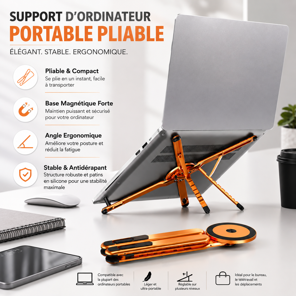 MagniDesk™ Support Magnétique Pliable 3-En-1 | Ordinateur, Tablette & Téléphone