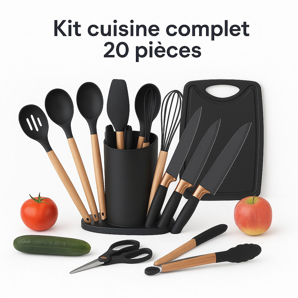 Ensemble Cuisine 19 Pièces en Silicone Premium – Manches Bois, Anti-Chaleur & Sans BPA