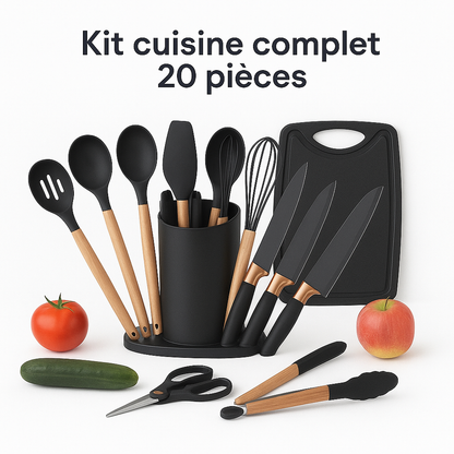 Ensemble Cuisine 19 Pièces en Silicone Premium – Manches Bois, Anti-Chaleur & Sans BPA