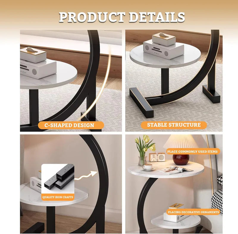 Decoria Luxe® Table d'Appoint Double Plateau – Design Marbre & Or, Gain de Place
