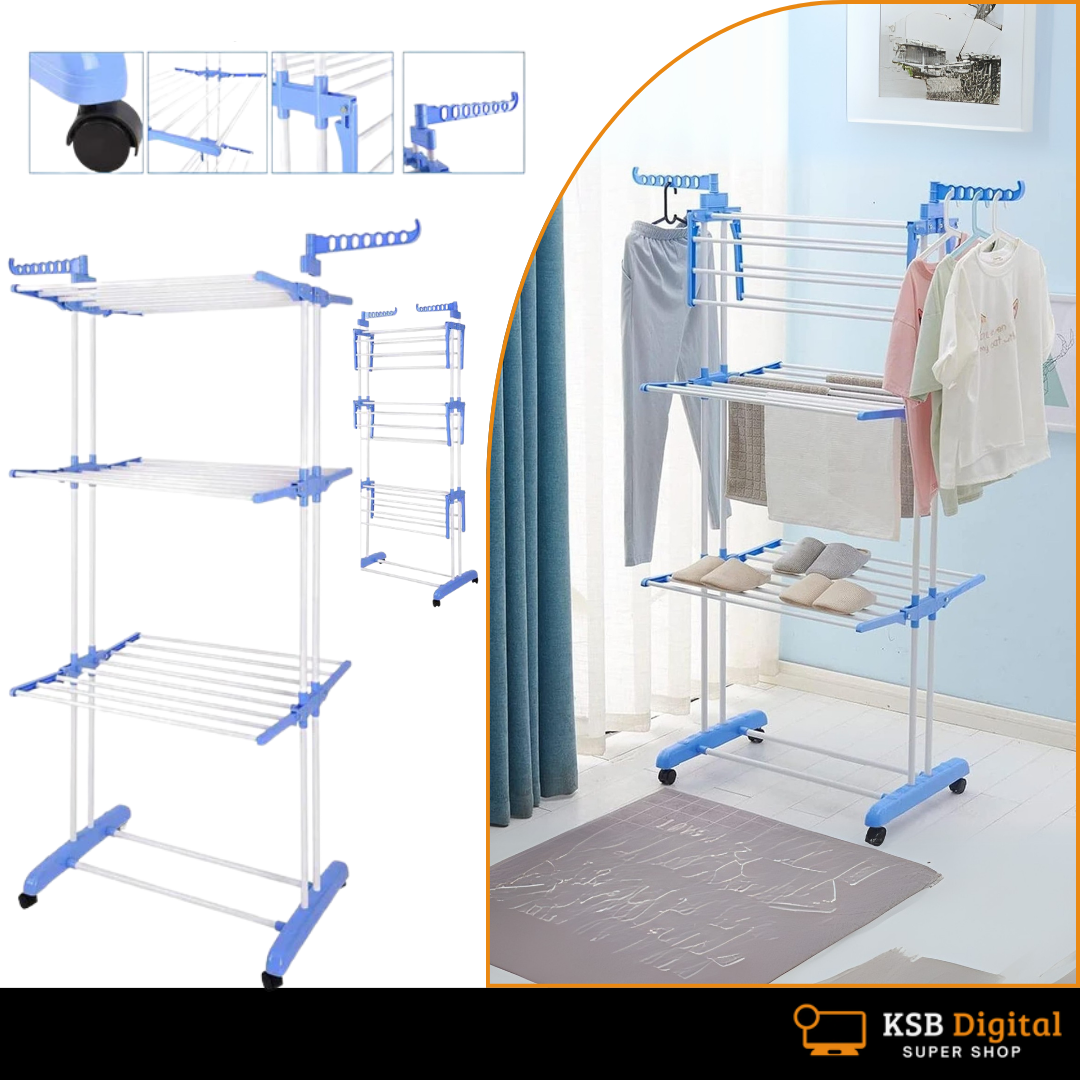 Étendoir Mobile avec Roulettes - Séchoir à Linge Pliable 3 Niveaux