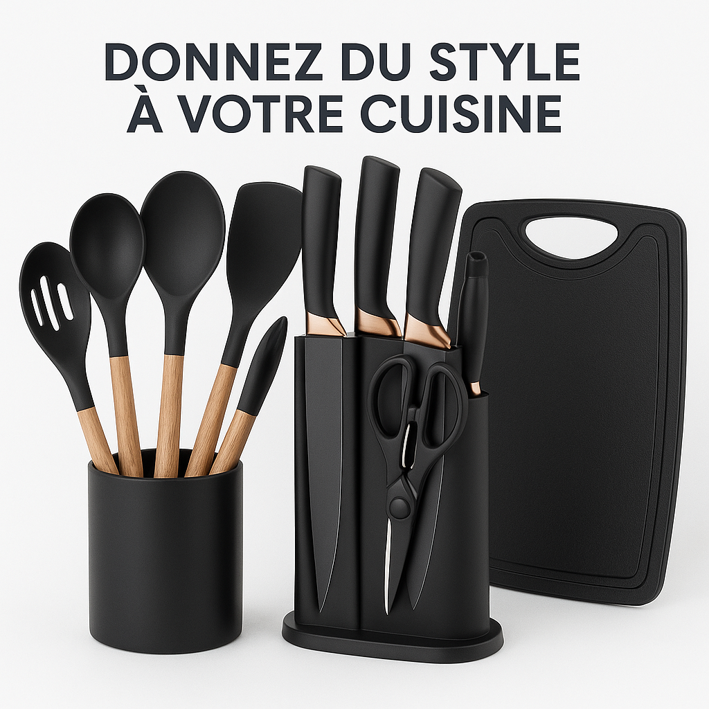 Ensemble Cuisine 19 Pièces en Silicone Premium – Manches Bois, Anti-Chaleur & Sans BPA