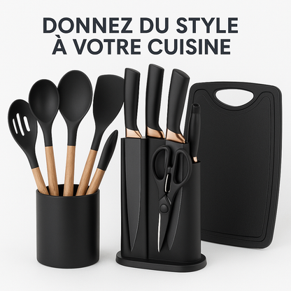 Ensemble Cuisine 19 Pièces en Silicone Premium – Manches Bois, Anti-Chaleur & Sans BPA