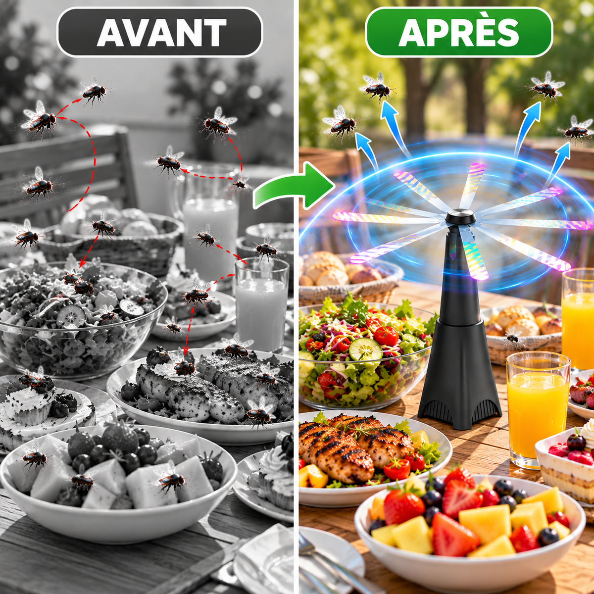 VENTILATEUR ANTI-MOUCHES DE TABLE À PALES RÉFLÉCHISSANTES