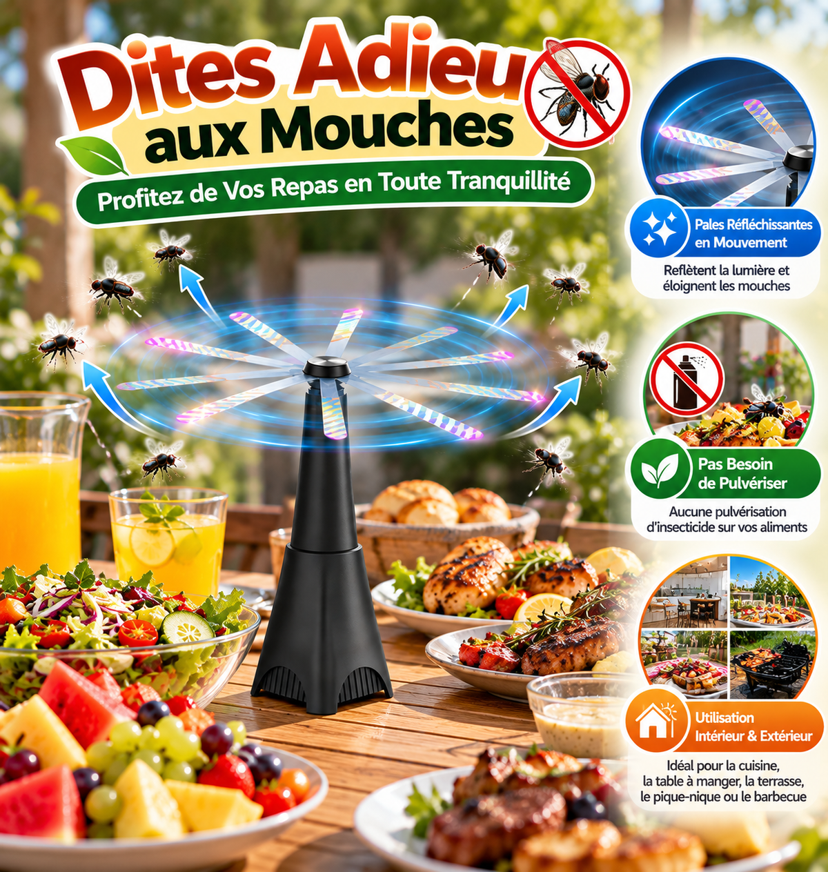 VENTILATEUR ANTI-MOUCHES DE TABLE À PALES RÉFLÉCHISSANTES
