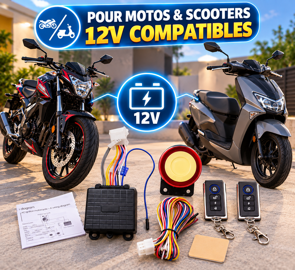 Alarme Antivol 12V pour Moto & Scooter avec Télécommandes