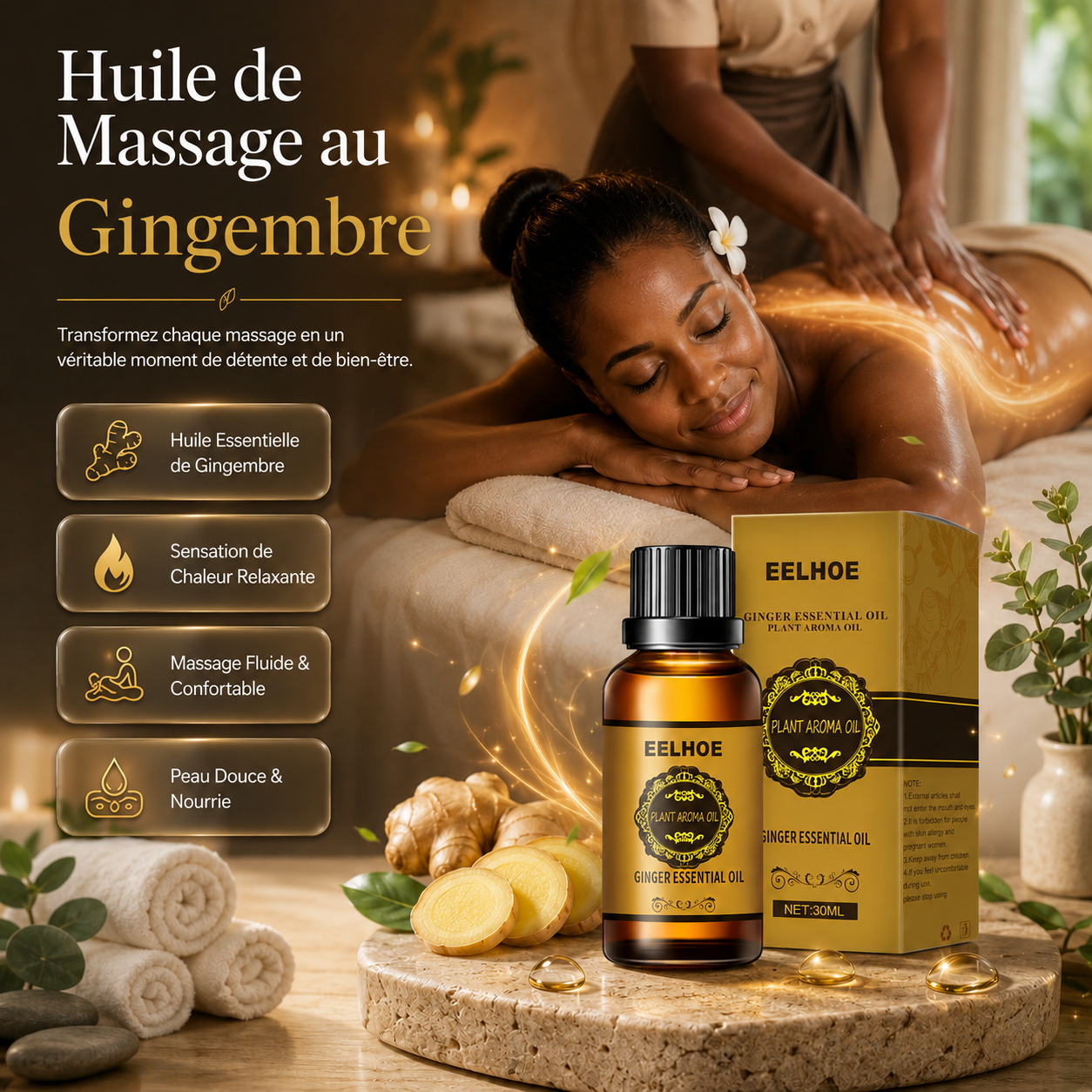 GingerFlow™ Huile de Massage au Gingembre | Soin Bien-Être Corps & Massage Relaxant
