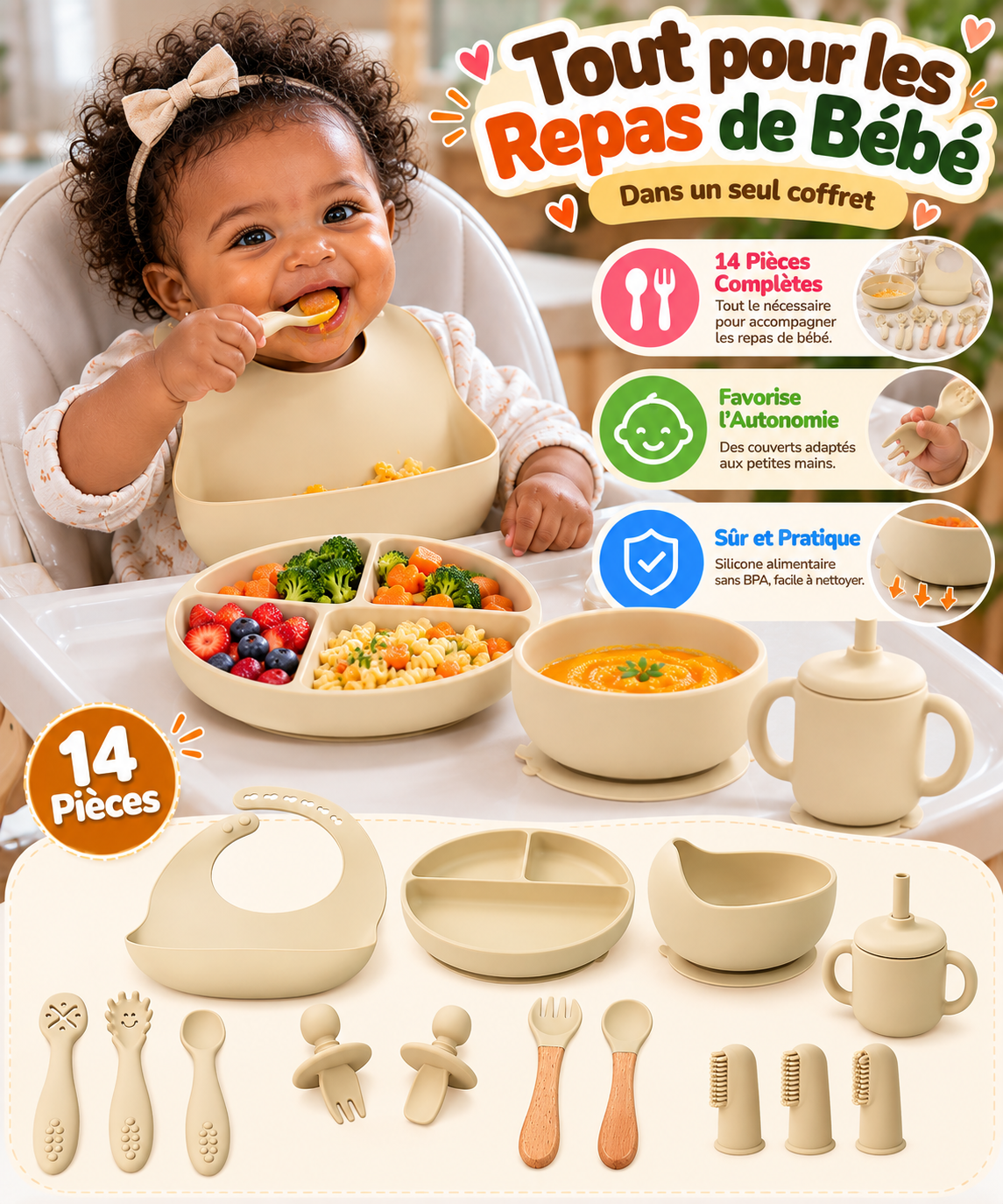 COFFRET REPAS BÉBÉ EN SILICONE – 14 PIÈCES |Tout pour les repas de bébé