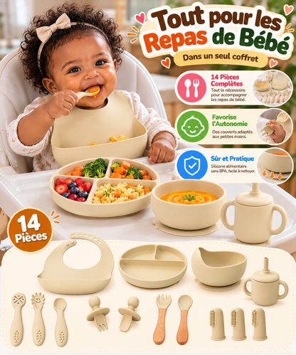 COFFRET REPAS BÉBÉ EN SILICONE – 14 PIÈCES |Tout pour les repas de bébé