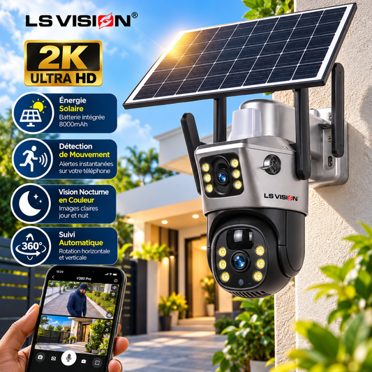LSVision™ – Caméra de Surveillance PTZ 4G Solaire Double Objectif