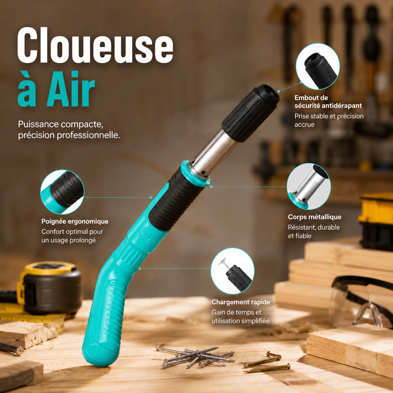 Pack Cloueuse À Air - Fixation Rapide & Précise accompagnée de 60 clous