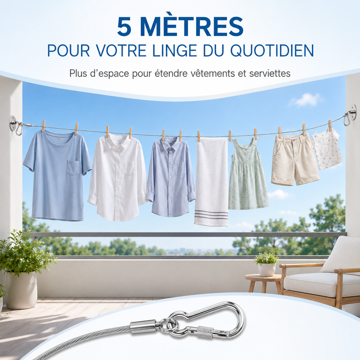 Corde à Linge Renforcée en Acier Inoxydable