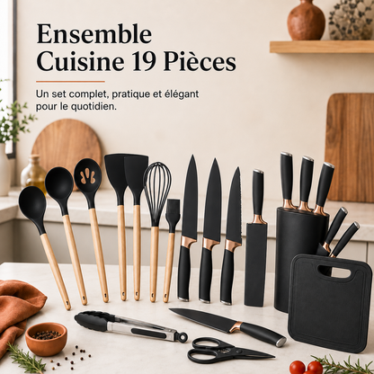 Ensemble Cuisine 19 Pièces en Silicone Premium – Manches Bois, Anti-Chaleur & Sans BPA