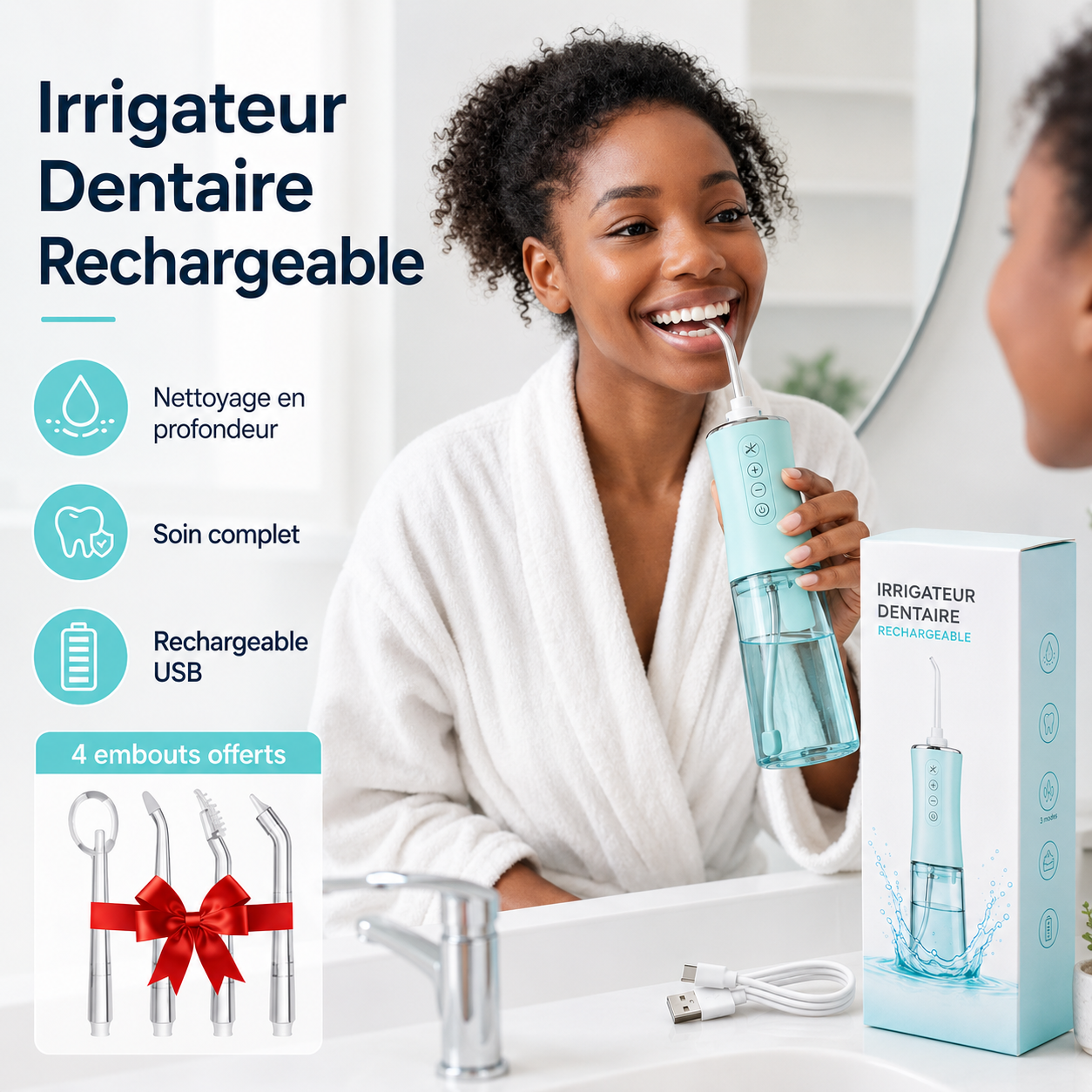 Irrigateur dentaire rechargeable + 4 têtes d’embouts GRATUITES