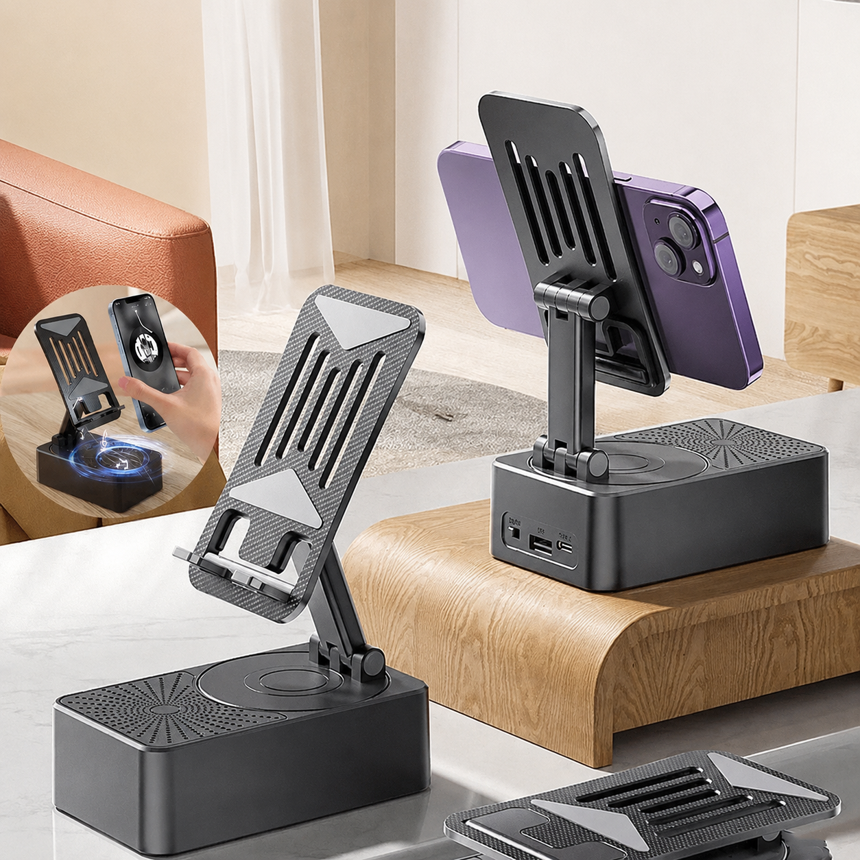 SmartStand™ Support Téléphone 3-en-1 avec Son & Recharge Intégrés