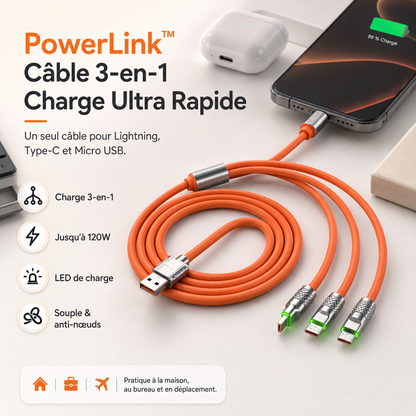 Xiaomi™ Câble 3-en-1  Charge Ultra Rapide Lightning, Type-C & Micro USB avec LED