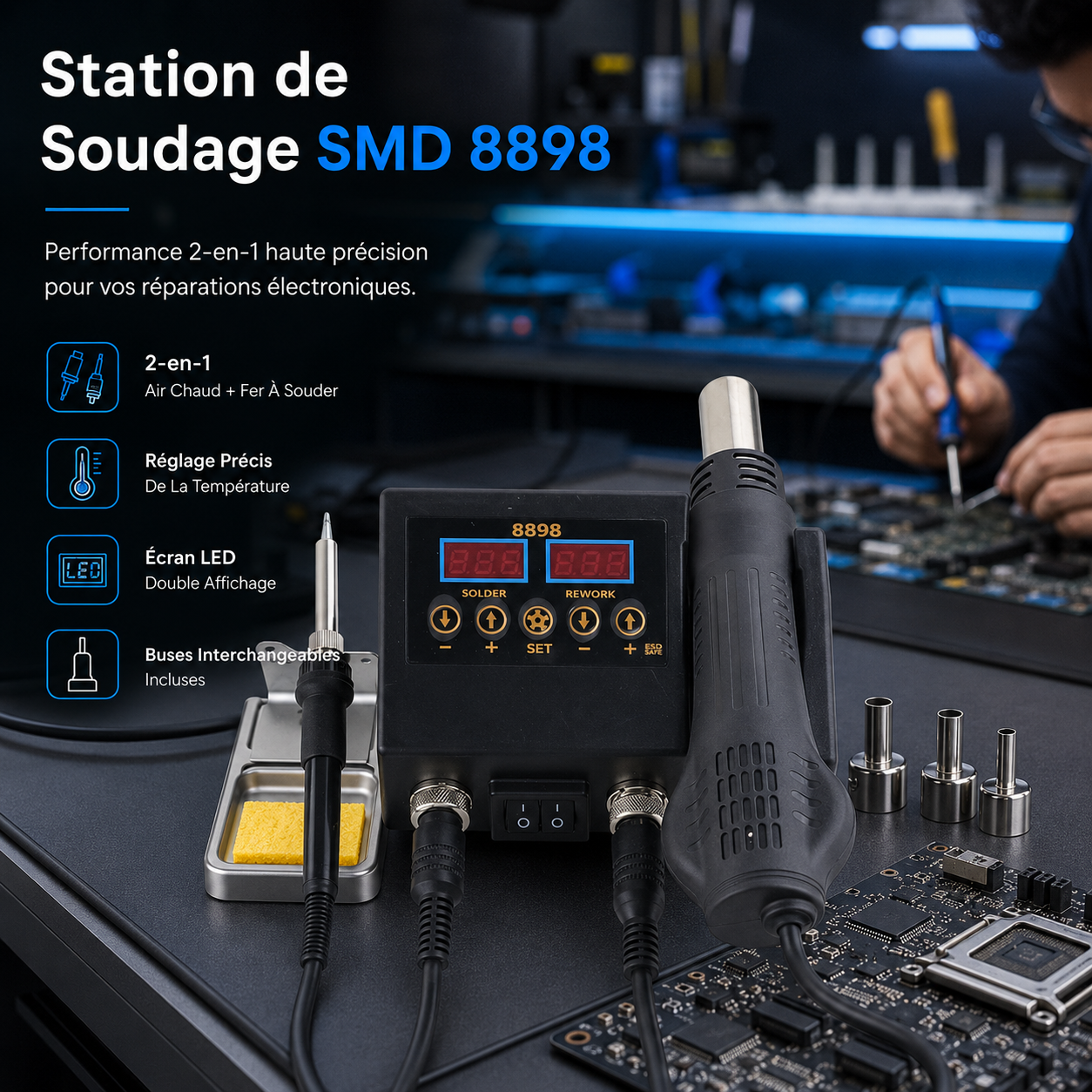 TechWeld™ Station de Soudage SMD 8898 | Performance 2-En-1 Haute Précision