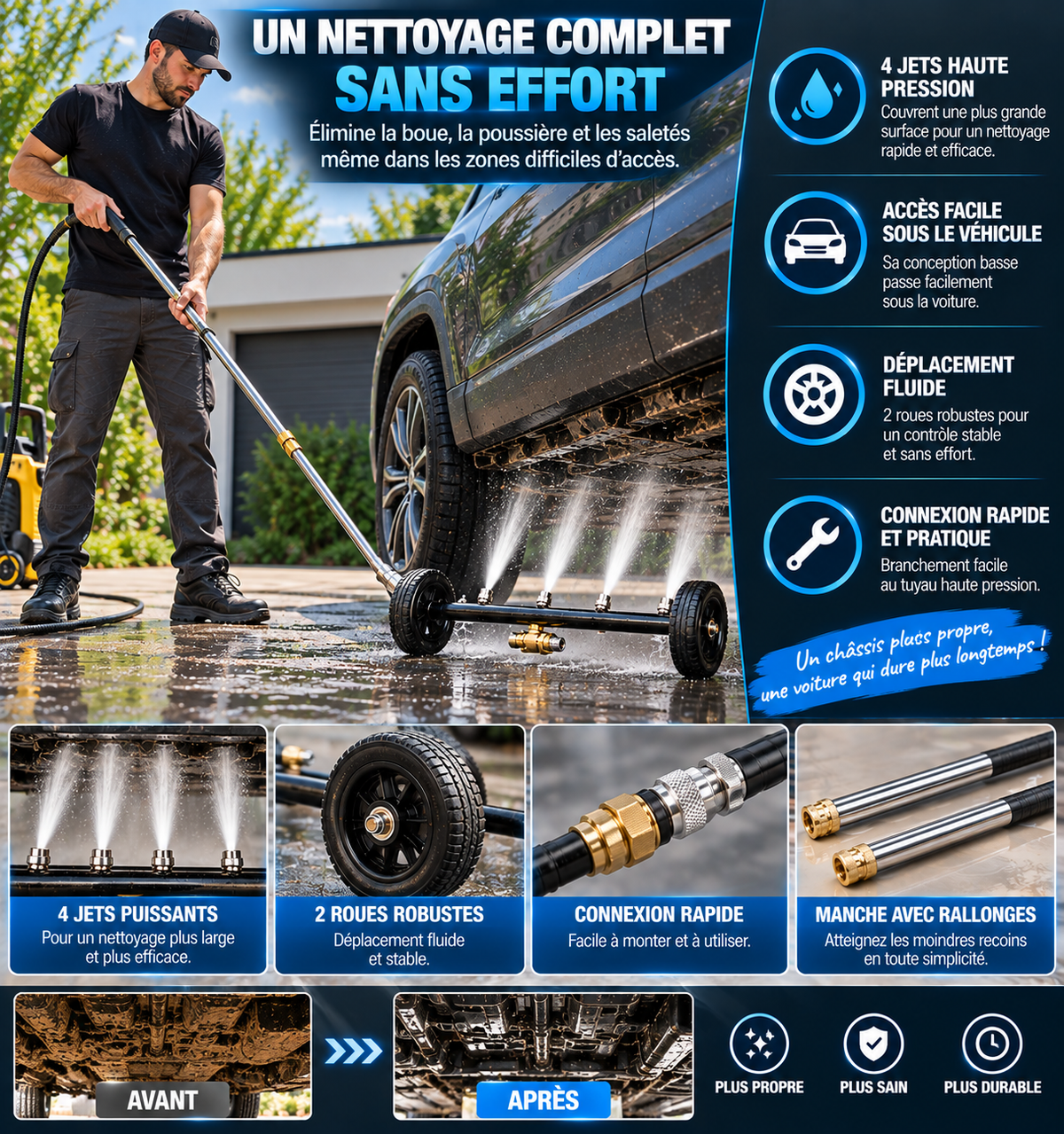 🚗 Nettoyeur de Châssis Haute Pression 4 Jets | Nettoyez les zones difficiles d’accès