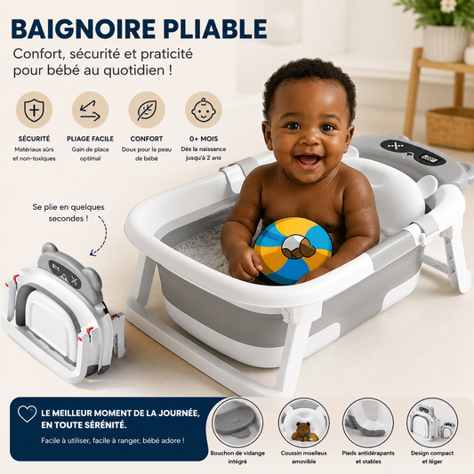 BabyTherm™ Baignoire Bébé Sur Pied avec Afficheur de Température Intégré – Pliable & Sécurisée