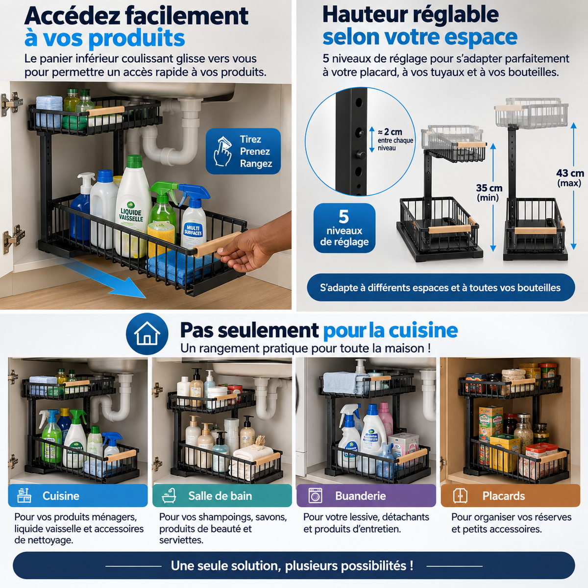 Organiseur d'évier - Étagère à épices à 2 niveaux - En acier au carbone