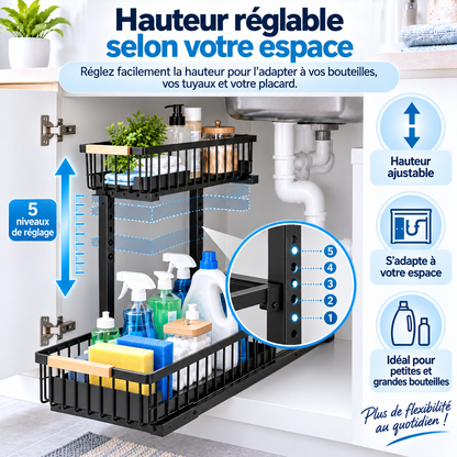 Organiseur d'évier - Étagère à épices à 2 niveaux - En acier au carbone