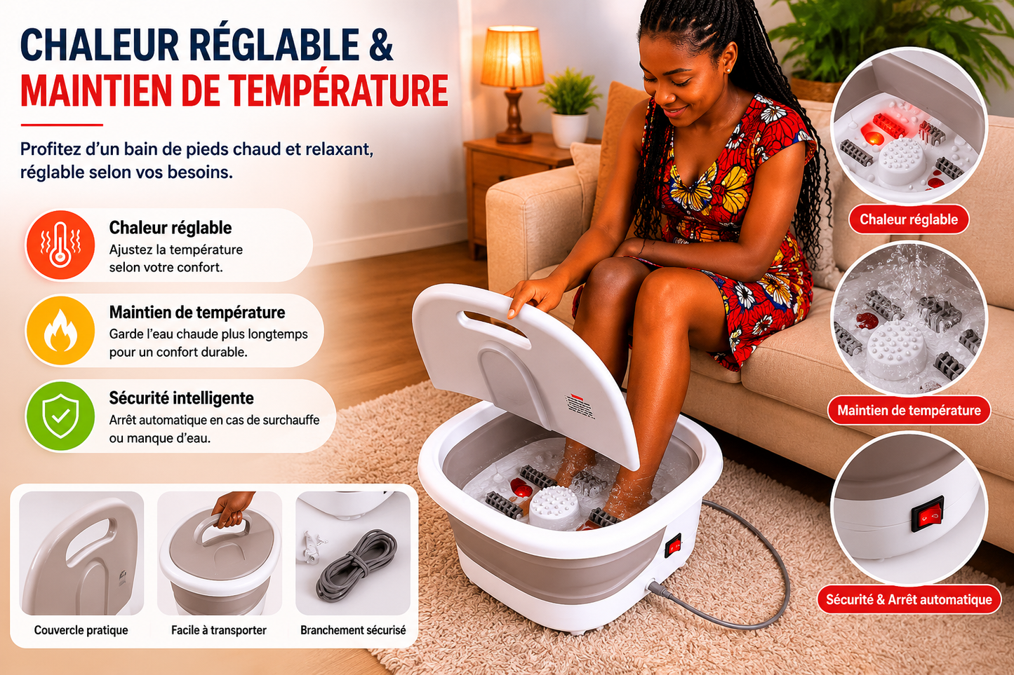RelaxZen™ Bain de Pieds Électrique Pliable Portable – Massage & Chaleur