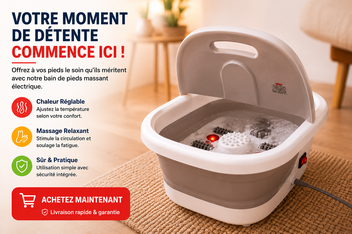 RelaxZen™ Bain de Pieds Électrique Pliable Portable – Massage & Chaleur