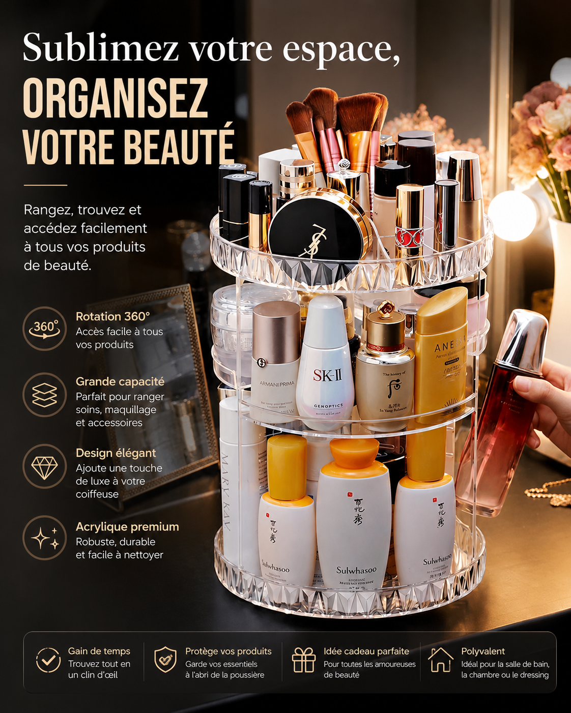 Organiseur de Maquillage Rotatif 360° | Boîte de Rangement Cosmétiques Acrylique