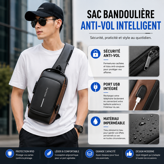AirFashion® Sac à Poitrine Antivol – Résistant à l'Eau, Port USB & Serrure à Code