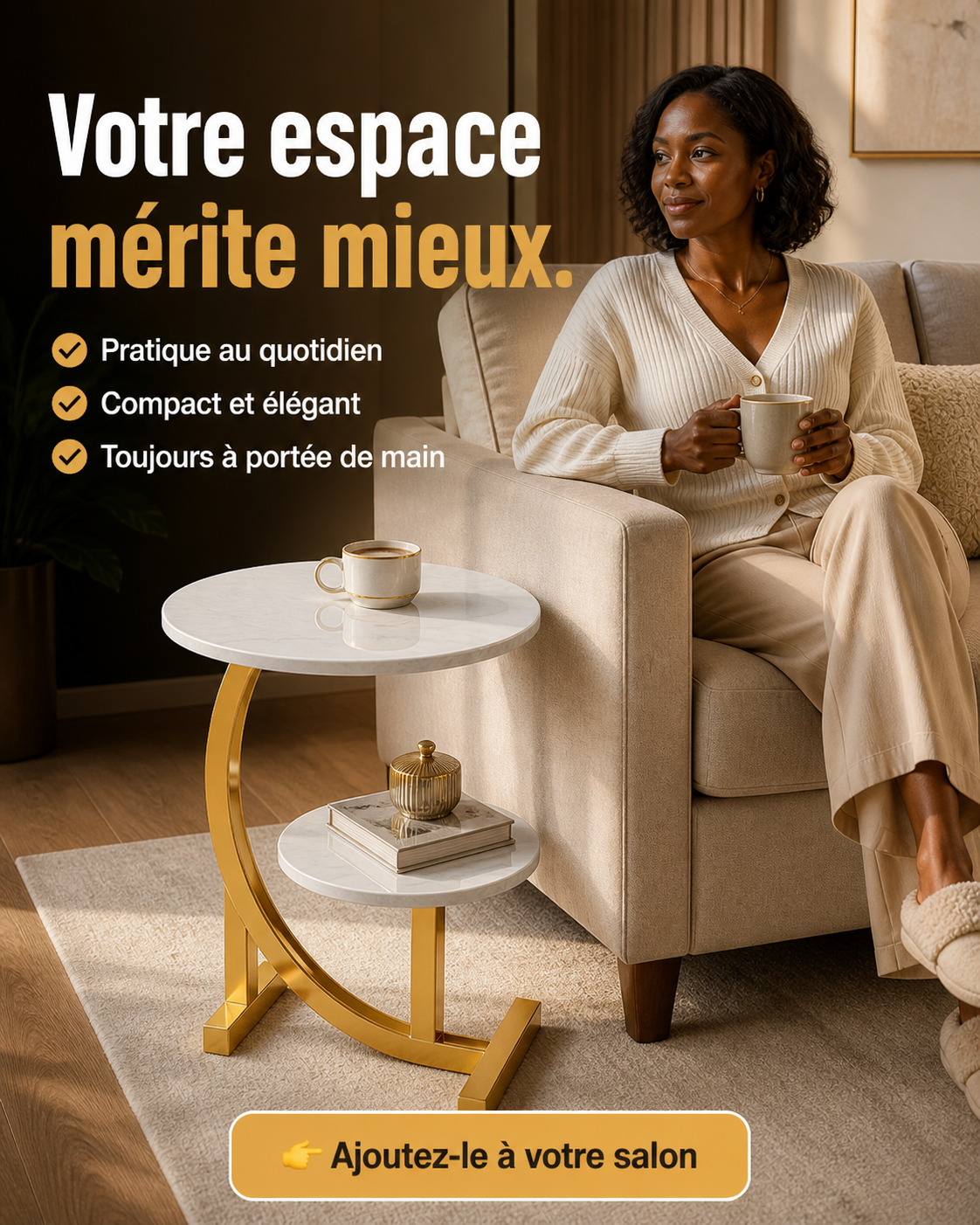 Decoria Luxe® Table d'Appoint Double Plateau – Design Marbre & Or, Gain de Place