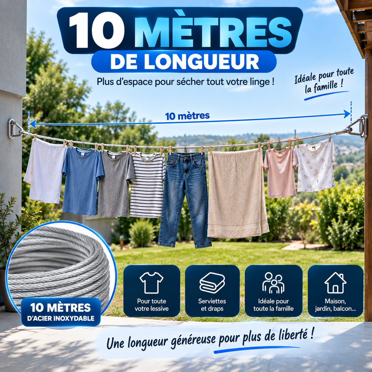 🧺 Corde à Linge en Acier Inoxydable / Plus d’espace pour sécher votre linge !
