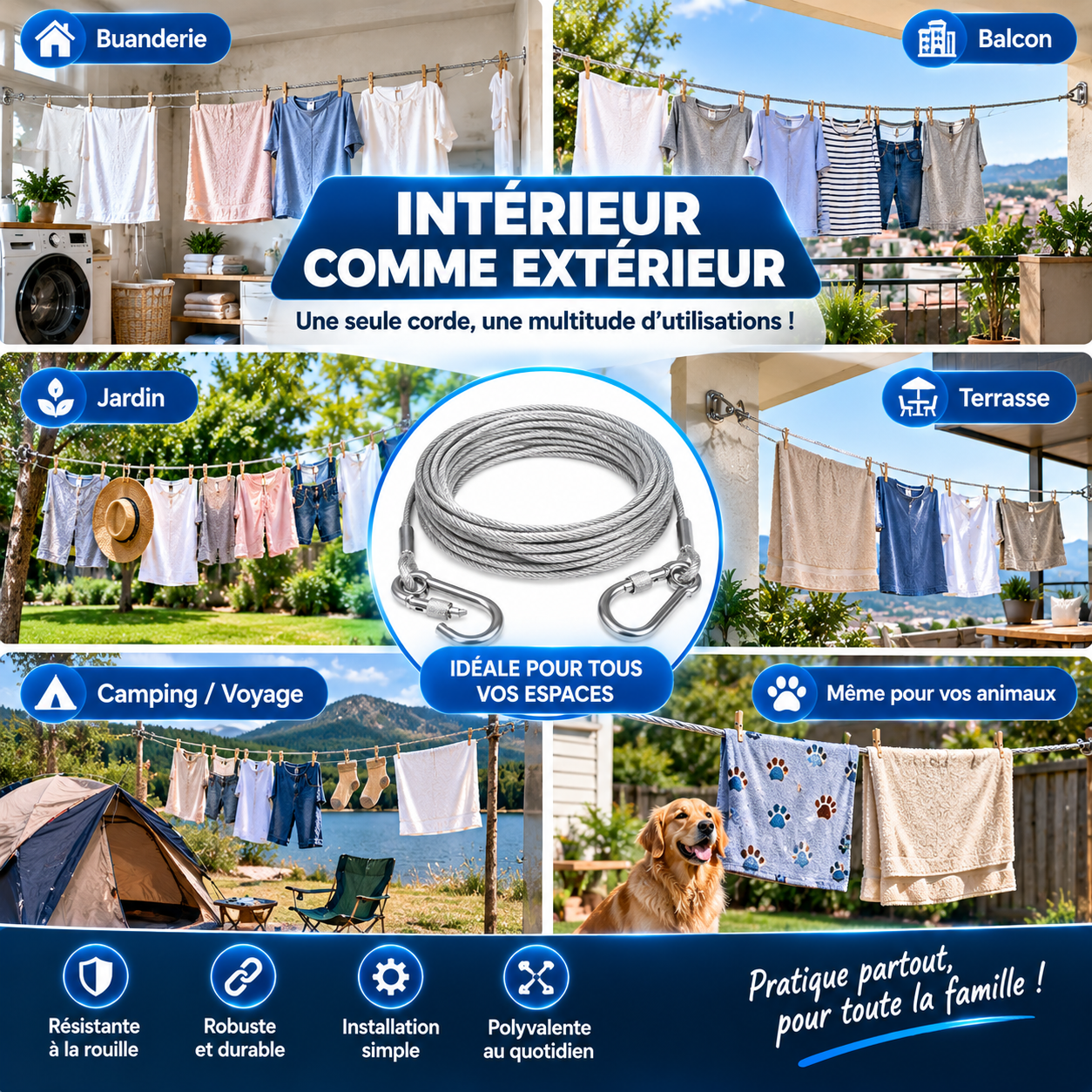 🧺 Corde à Linge en Acier Inoxydable / Plus d’espace pour sécher votre linge !