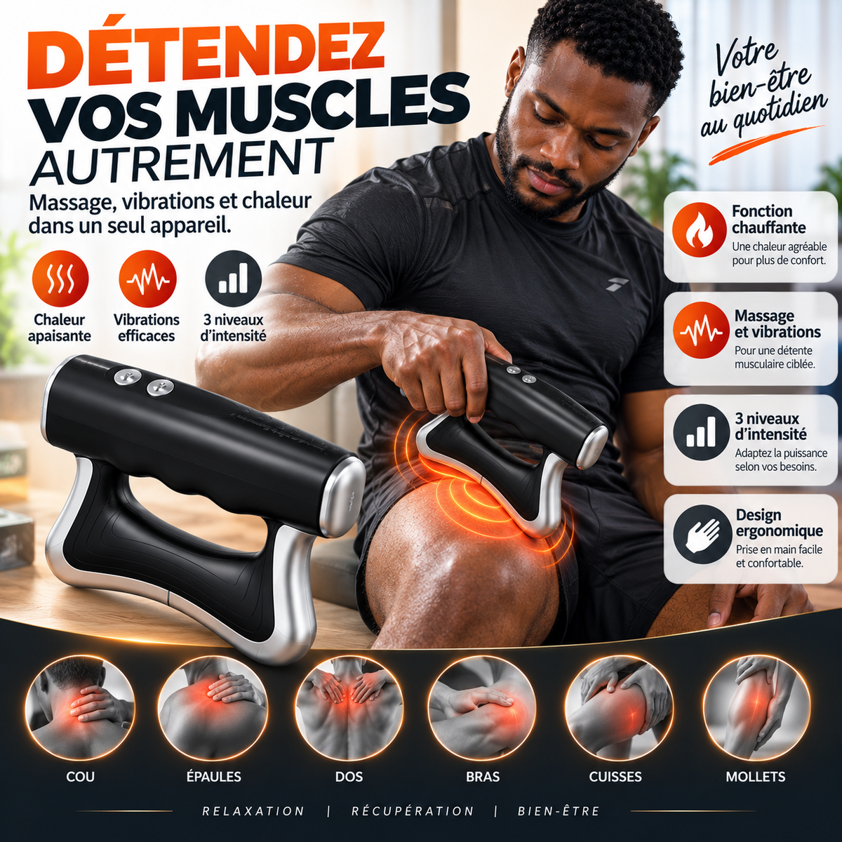 Masseur Fascia Électrique 3-en-1 | Massage, vibrations et chaleur dans un seul appareil