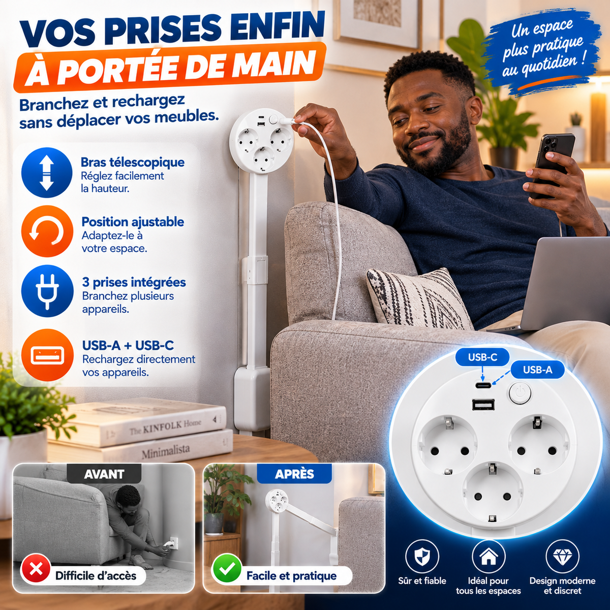 🔌 Prise Électrique Télescopique Multifonction | L’électricité toujours à portée de main