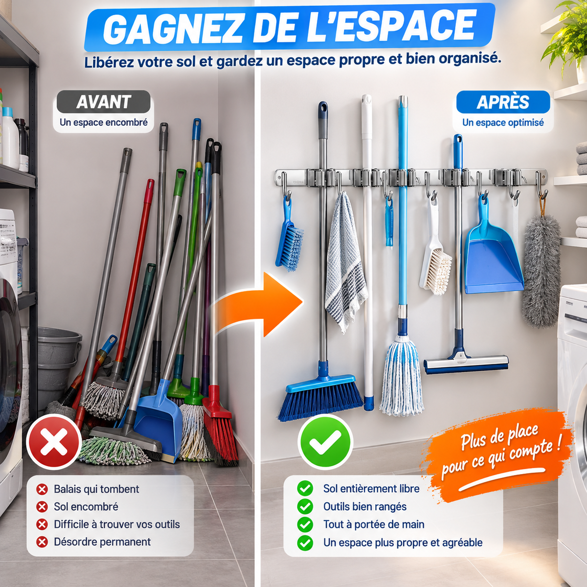 🧹 Support Mural pour Balais & Serpillières | Rangez vos outils sans encombrer le sol